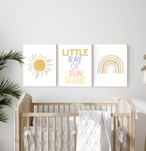 Nursery prints rainbow, mustard yellow and blue, nursery wall decor, rainbow nursery, nursery decor neutral, sunshine
