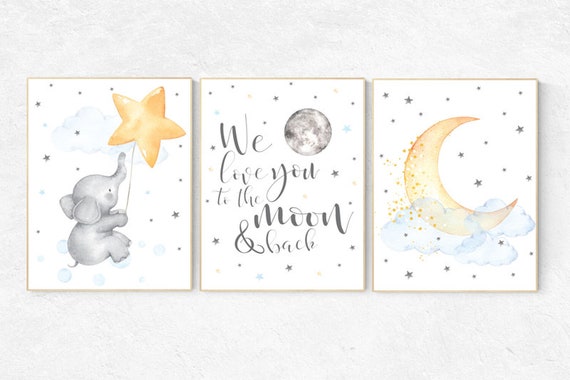 Baby Room Wall Art, neutral nursery, Gender neutral nursery, we love you to the moon and back, Baby wall decor, baby room decor, blue yellow