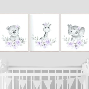Purple nursery, Floral jungle animals, nursery decor girl flowers, lavender, nursery decor girl boho, floral nursery prints, lilac, elephant