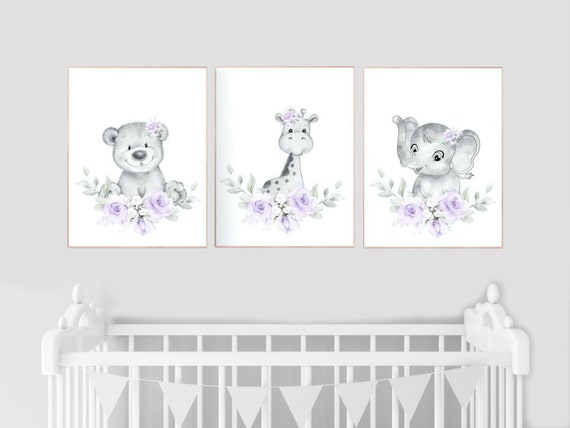 Purple nursery, Floral jungle animals, nursery decor girl flowers, lavender, nursery decor girl boho, floral nursery prints, lilac, elephant