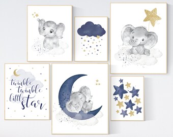 Nursery decor boy elephant, nursery wall art boy, navy Blue gold, moon and stars, navy nursery, boy nursery decor, elephant nursery art