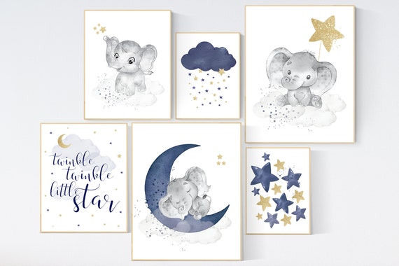 Nursery decor boy elephant, nursery wall art boy, navy Blue gold, moon and stars, navy nursery, boy nursery decor, elephant nursery art