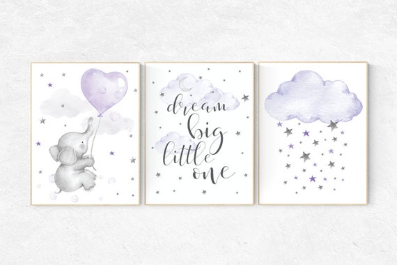 Nursery decor girl elephant, purple nursery, lilac nursery, dream big little one, purple nursery, Nursery decor girl lavender and gray,