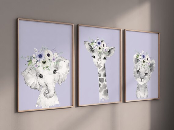 Safari Animals, girl nursery, Animals Prints, Woodland Nursery Decor, Safari Nursery Wall Art, floral animal prints, purple nursery