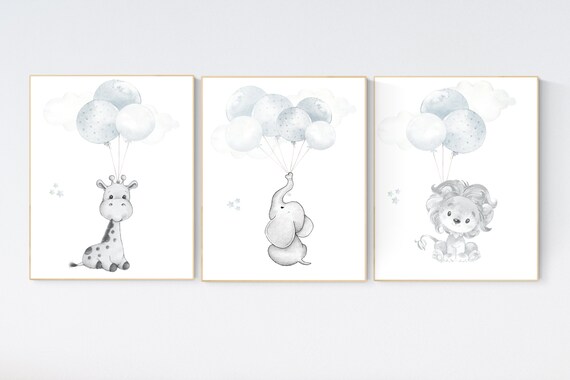 Nursery wall art animals, baby room decor blue gray, baby room decor lion, elephant, giraffe, animal nursery decor, nursery prints