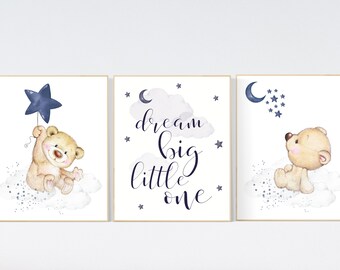 Teddy Bear Nursery Print, Navy Blue Nursery Decor