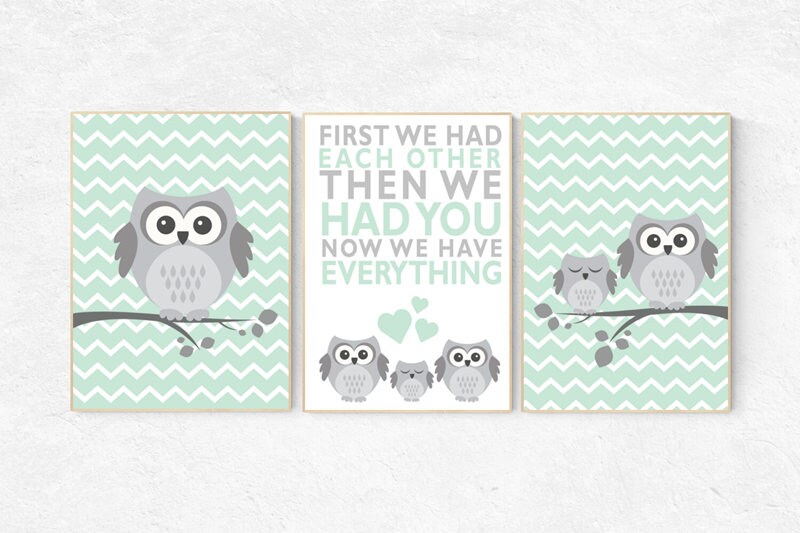 Nursery wall art girl mint, gender neutral nursery decor, owl nursery