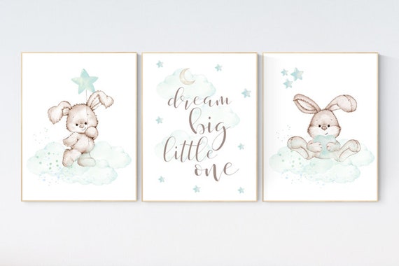 Nursery decor bunny, mint nursery, rabbit nursery, mint green nursery, dream big little one, Bunny print, gender neutral, woodland animals