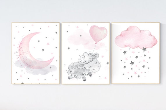 Nursery decor girl pink and gray, lamb nursery, sheep nursery decor girl pink, pink and grey, cloud and stars, pink nursery, pink gray