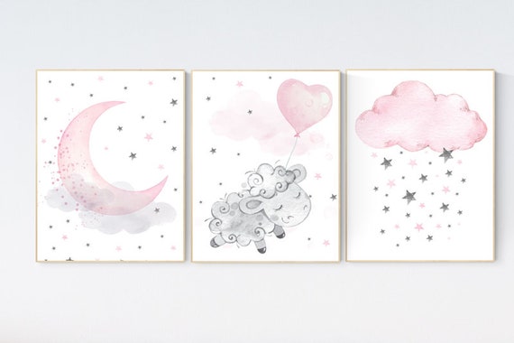 Nursery decor girl pink and gray, lamb nursery, sheep nursery decor girl pink, pink and grey, cloud and stars, pink nursery, pink gray