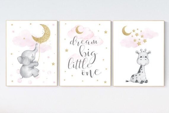 Nursery wall art girl giraffe , baby room decor girl gold and pink, dream big little one, cloud and stars prints, elephant nursery wall art