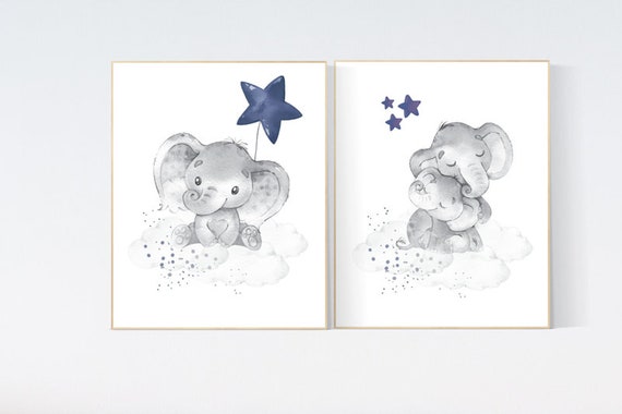 Nursery decor boy elephant, nursery wall art elephant, baby room decor boy, cloud and stars, Elephant Nursery Art, star nursery, elephant