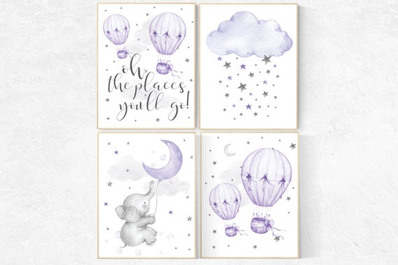 Nursery decor elephant, Nursery decor girl purple, Nursery decor girl lavender and gray, oh the places you'll go, lilac, hot air balloons