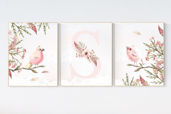 Nursery wall art birds, nursery decor girl flower, Nursery decor girl floral, baby bird nursery, spring theme baby shower, bird nursery art