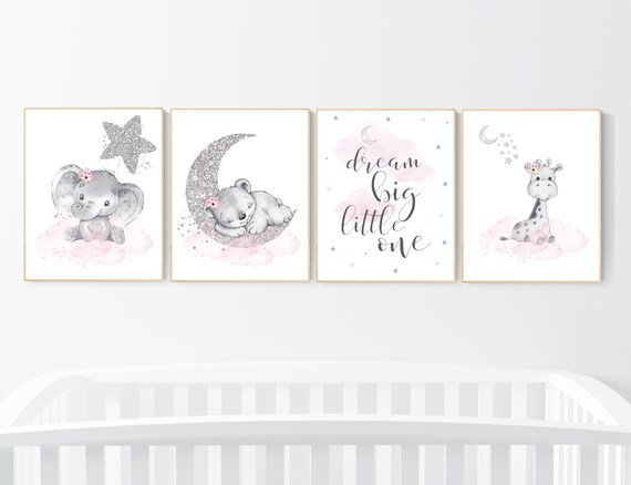 Animal prints for nursery, Nursery wall art set, pink and silver, Nursery decor girl elephant, animal nursery, bear, giraffe, animal nursery