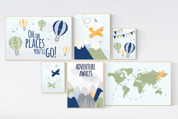 Adventure nursery decor, Nursery decor boy mountains adventure, nursery decor boy airplane, world map nursery, adventure awaits, navy yellow