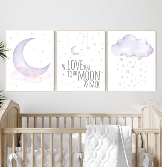 Nursery decor girl, Purple and pink, moon and stars, lilac, pink, baby room, girl nursery decor, stars nursery, lavender and pink