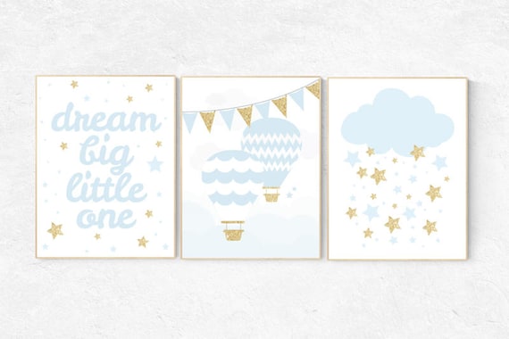 Blue gold nursery, dream big little one, blue and gold baby nursery decor, hot air balloon nursery, girls nursery room, nursery wall art