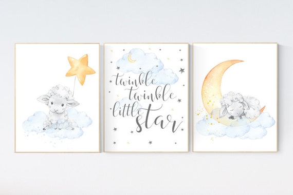 Farm animals nursery, Blue yellow nursery, Nursery decor lambs, Sheep nursery, twinkle twinkle little star, gender neutral nursery decor