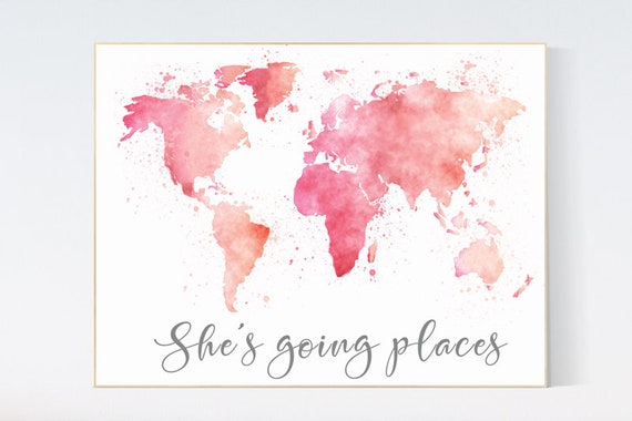 Pink world map watercolor, she's going places, blush pink and grey, world map print for nursery, nursery decor girl, pink and gray, map