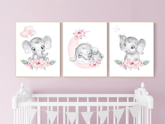 Nursery decor girl elephant, nursery decor girl flower, nursery decor girl floral, Boho baby room, pink nursery decor, flower baby room