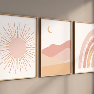 Stampe per cameretta dei bambini Boho Rainbow: sole, arte astratta rosa cipria