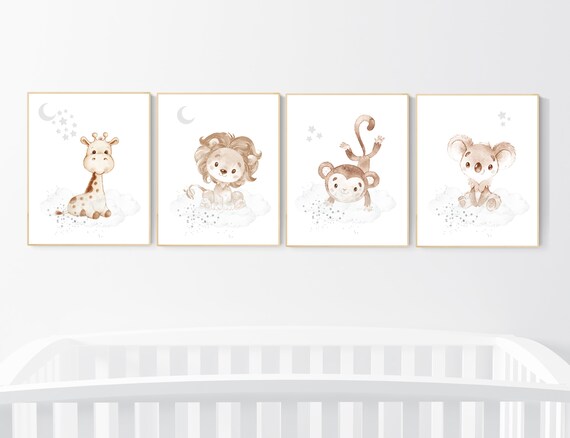Nursery wall art animals, gray nursery, gender neutral nursery, neutral nursery, baby room decor, bear, elephant, giraffe, animal prints
