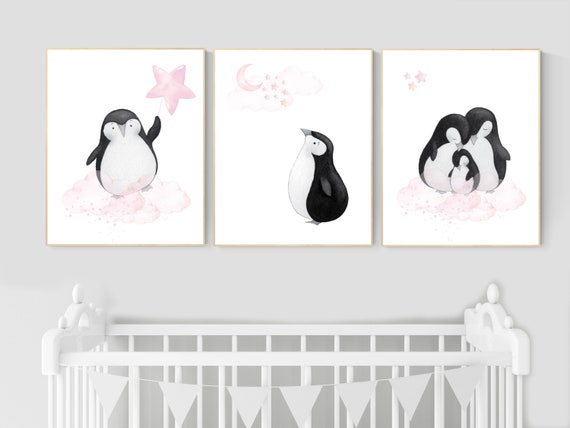 Penguin nursery, pink nursery wall art, girl nursery, baby room wall art, nursery wall art penguin, nursery decor girl, penguins, baby room