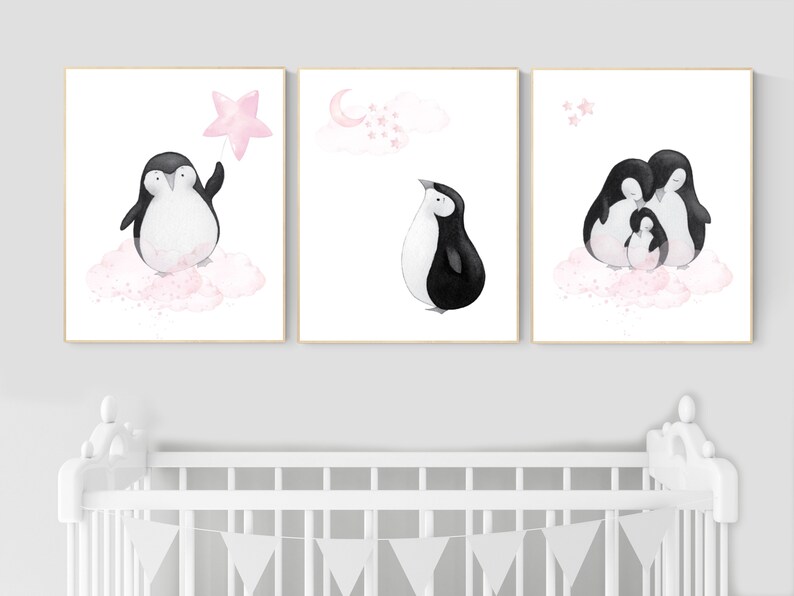 May include: Three watercolor paintings of penguins on a pink cloud background. The first painting shows a penguin holding a pink star. The second painting shows a penguin looking up at a pink cloud with stars. The third painting shows a family of penguins huddled together.