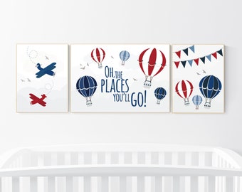 Adventure Awaits Nursery Print: Airplane, World Map, Hot Air Balloon