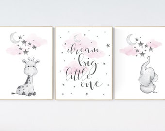 Pink Elephant Giraffe Nursery Art Prints: Moon & Stars Decor