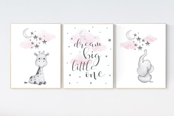 Nursery wall art elephant, nursery wall art girl, giraffe nursery, Pink and gray nursery, dream big little one, moon and stars nursery