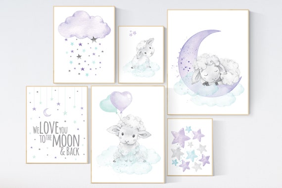 Nurser decor girl, Purple mint nursery wall art, sheep nursery, lamb nursery, Nursery wall art, lilac nursery print, lavender, lilac mint