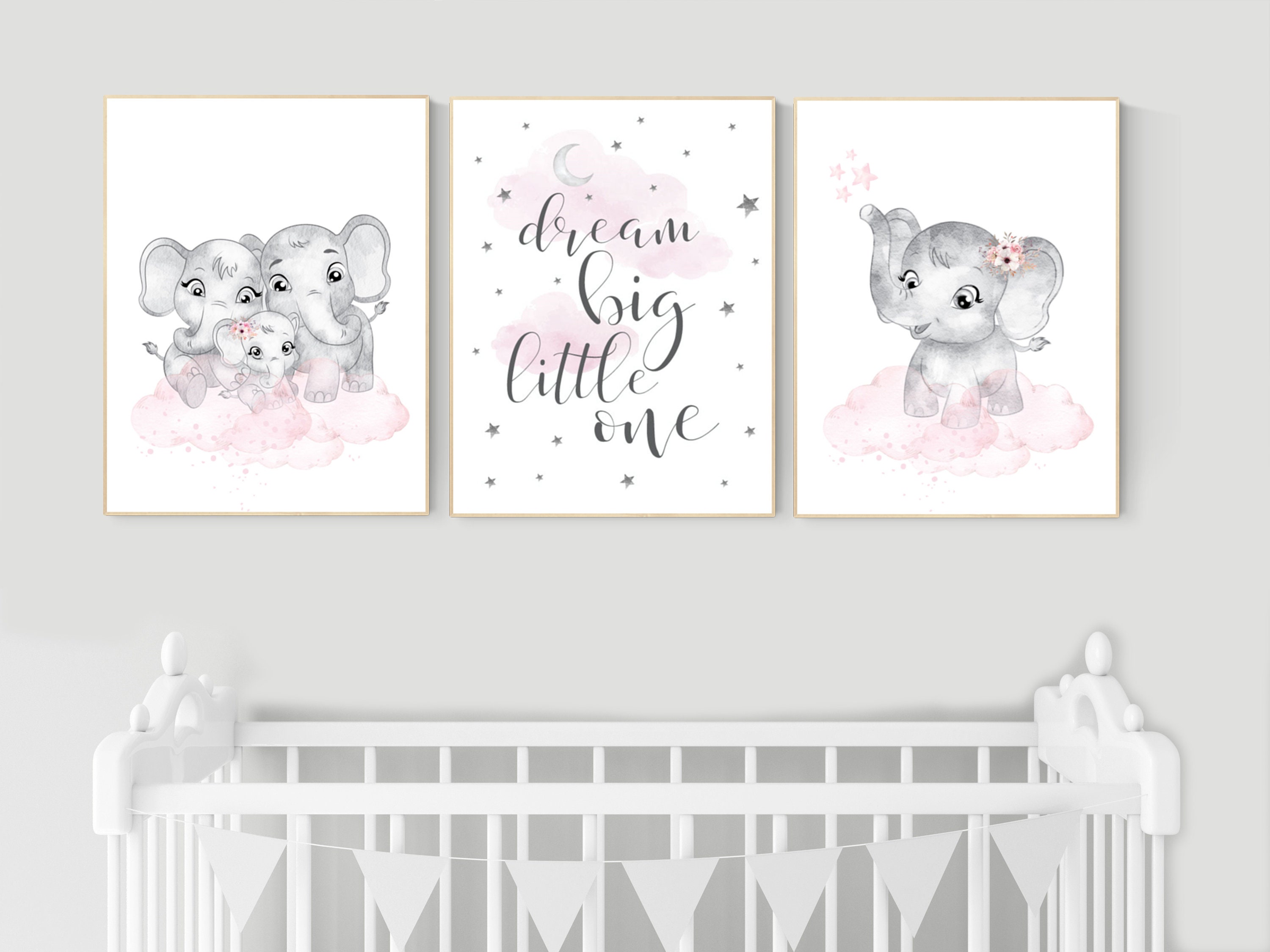 Elephant nursery, nursery wall art girl pink and gray, nursery decor girl, dream big little one