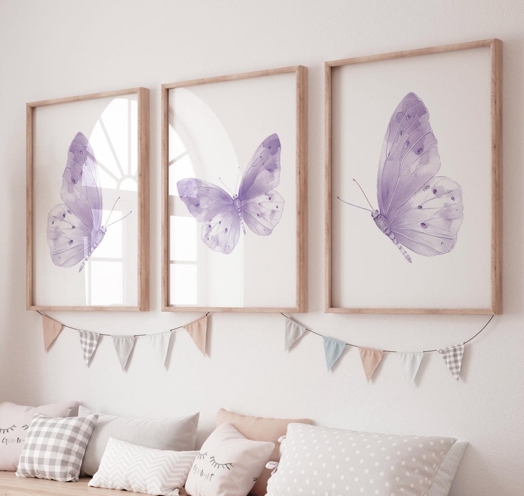 Purple Butterfly Nursery Wall Art Set of 3, Watercolor Butterfly Prints ...