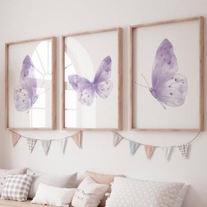 Purple Butterfly Nursery Wall Art Set of 3, Watercolor Butterfly Prints, Girl Room Decor, Boho Nature Artwork for Baby Nursery
