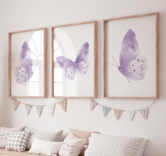 Purple Butterfly Nursery Wall Art Set of 3, Watercolor Butterfly Prints, Girl Room Decor, Boho Nature Artwork for Baby Nursery
