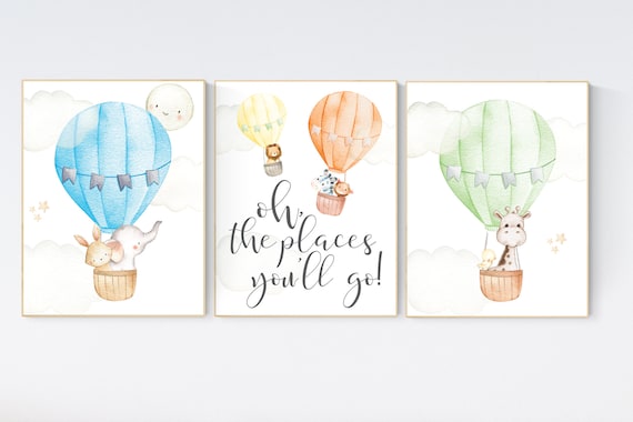 Nursery decor animals, hot air balloon, elephant giraffe, bear, gender neutral, nursery decor twins, animal nursery, balloon nursery