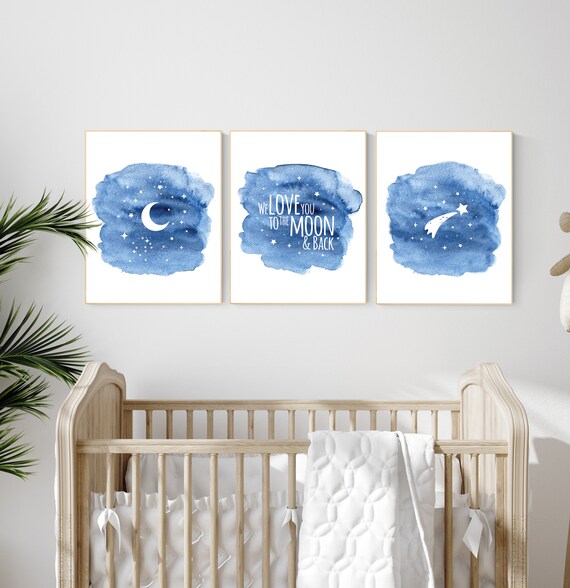 Nursery decor boy navy blue, Nursery wall art boy, navy nursery decor, moon and stars, we love you to the moon and back, nursery prints boy