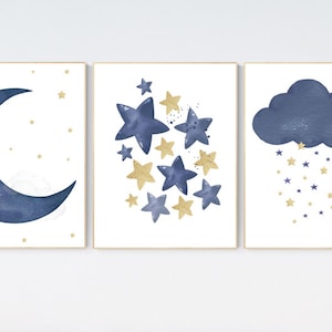 Navy nursery decor, cloud and stars, moon and stars, navy gold nursery art. baby room wall art, boy nursery decor, set of 3, nursery art