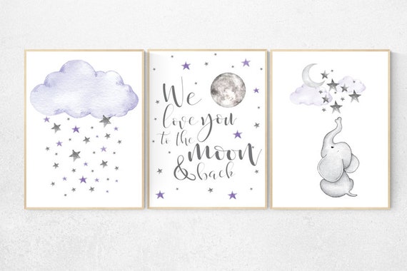 Nursery decor girl lavender and gray, Nursery decor girl purple, elephant nursery, lilac nursery, we love you to the moon and back, purple