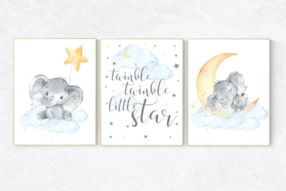 Gender neutral nursery, elephant nursery. nursery decor neutral, cloud and stars, baby room art, Twinkle twinkle little star, gender neutral