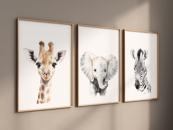 Safari Nursery Wall Art Set, Giraffe Elephant Zebra Prints