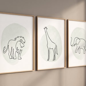 Nursery wall art animals, line art, animal nursery, gender neutral nursery, neutral nursery, sage nursery, lion, elephant, giraffe