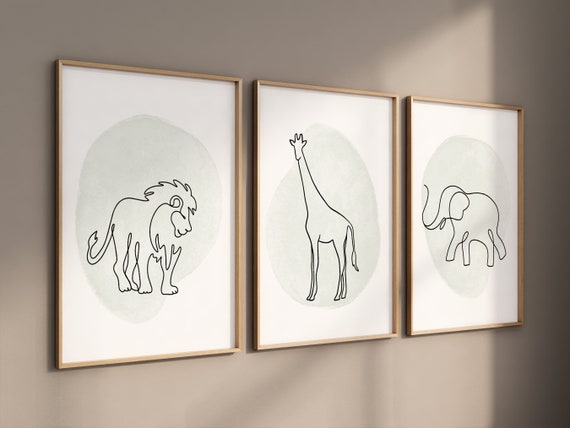 Nursery wall art animals, line art, animal nursery, gender neutral nursery, neutral nursery, sage nursery, lion, elephant, giraffe