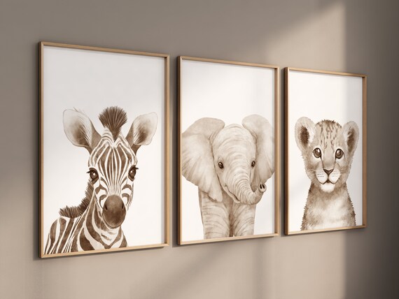 Nursery wall art animals, gray nursery, gender neutral nursery, neutral nursery, baby room decor, zebra, elephant, bear, animal prints