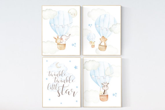 baby boy nursery, nursery decor boy woodland animals, elephant, giraffe, bear, bunny, woodland nursery art, hot air balloon nursery print,