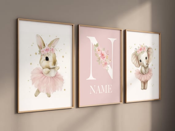 Ballerina Nursery Wall Art Set – Personalized Pink Elephant Bunny Prints, Girl Bedroom Decor, Custom Name Art, Baby Girl Room Wall Decor