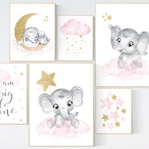 Nursery wall art girl, pink gold nursery, elephant nursery wall art, moon, cloud, stars, girl nursery ideas, pink and gold, dream big