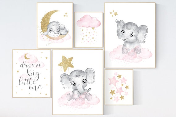 Nursery wall art girl, pink gold nursery, elephant nursery wall art, moon, cloud, stars, girl nursery ideas, pink and gold, dream big